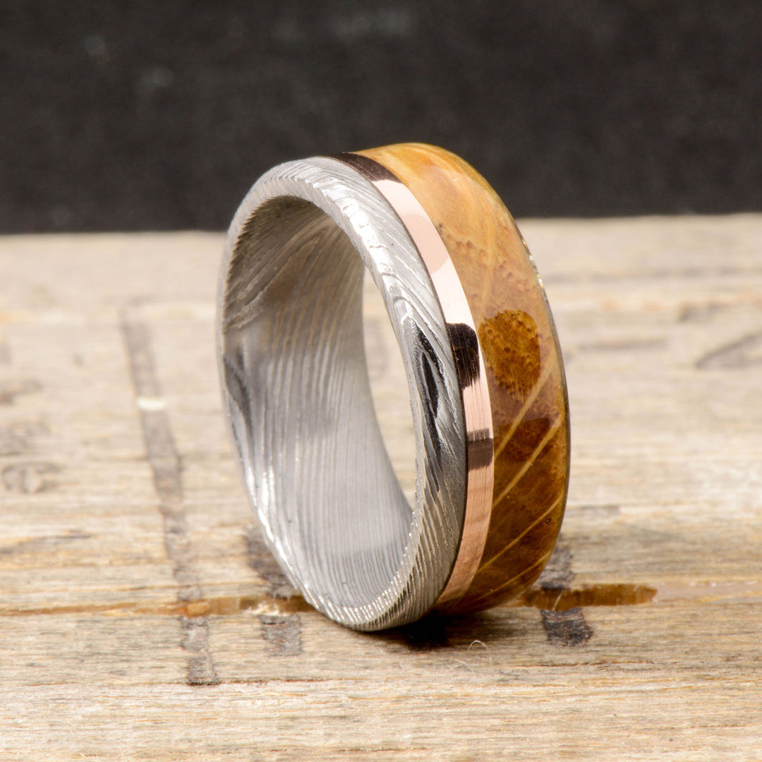 Polished Damascus Steel, Rose Gold, Whiskey Barrel Wood