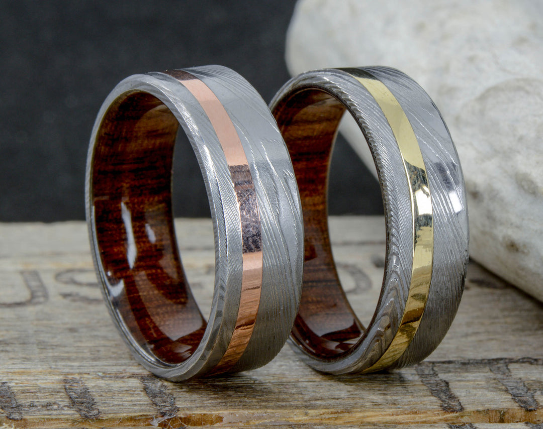 Polished Damascus Steel, Yellow Gold, Walnut Wood