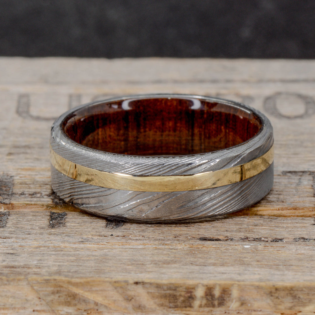 Polished Damascus Steel, Yellow Gold, Walnut Wood