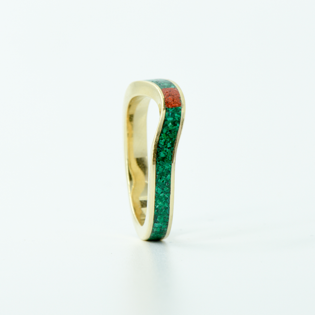 SALE RING - Yellow Gold, Malachite, & Red Opal - Size 5.5
