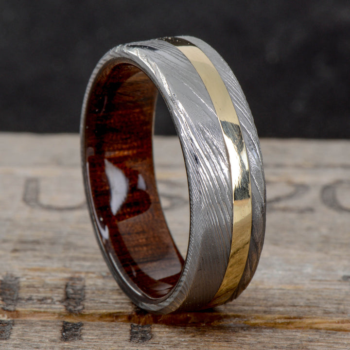 Polished Damascus Steel, Yellow Gold, Walnut Wood