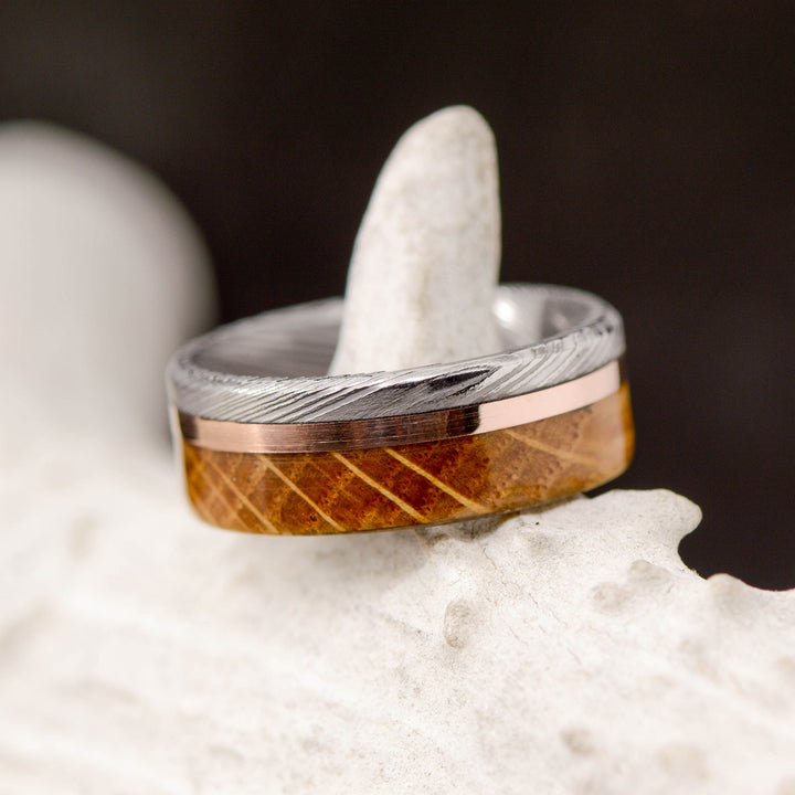 Polished Damascus Steel, Rose Gold, Whiskey Barrel Wood