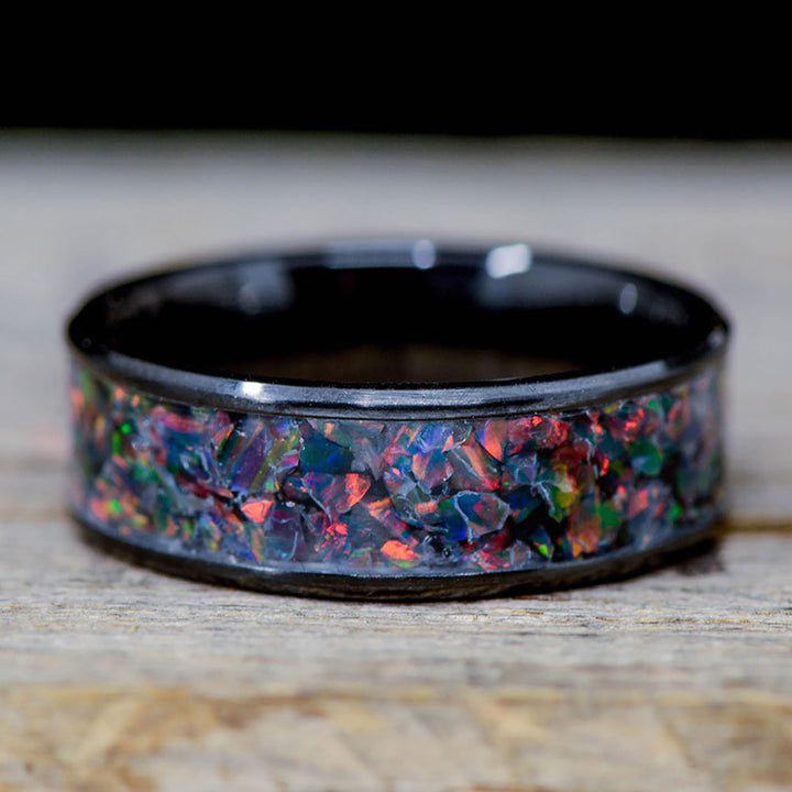 Crushed German Black Opal in Tungsten or Ceramic Channel