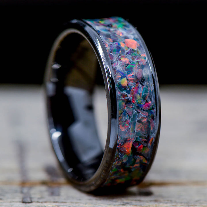 Crushed German Black Opal in Tungsten or Ceramic Channel