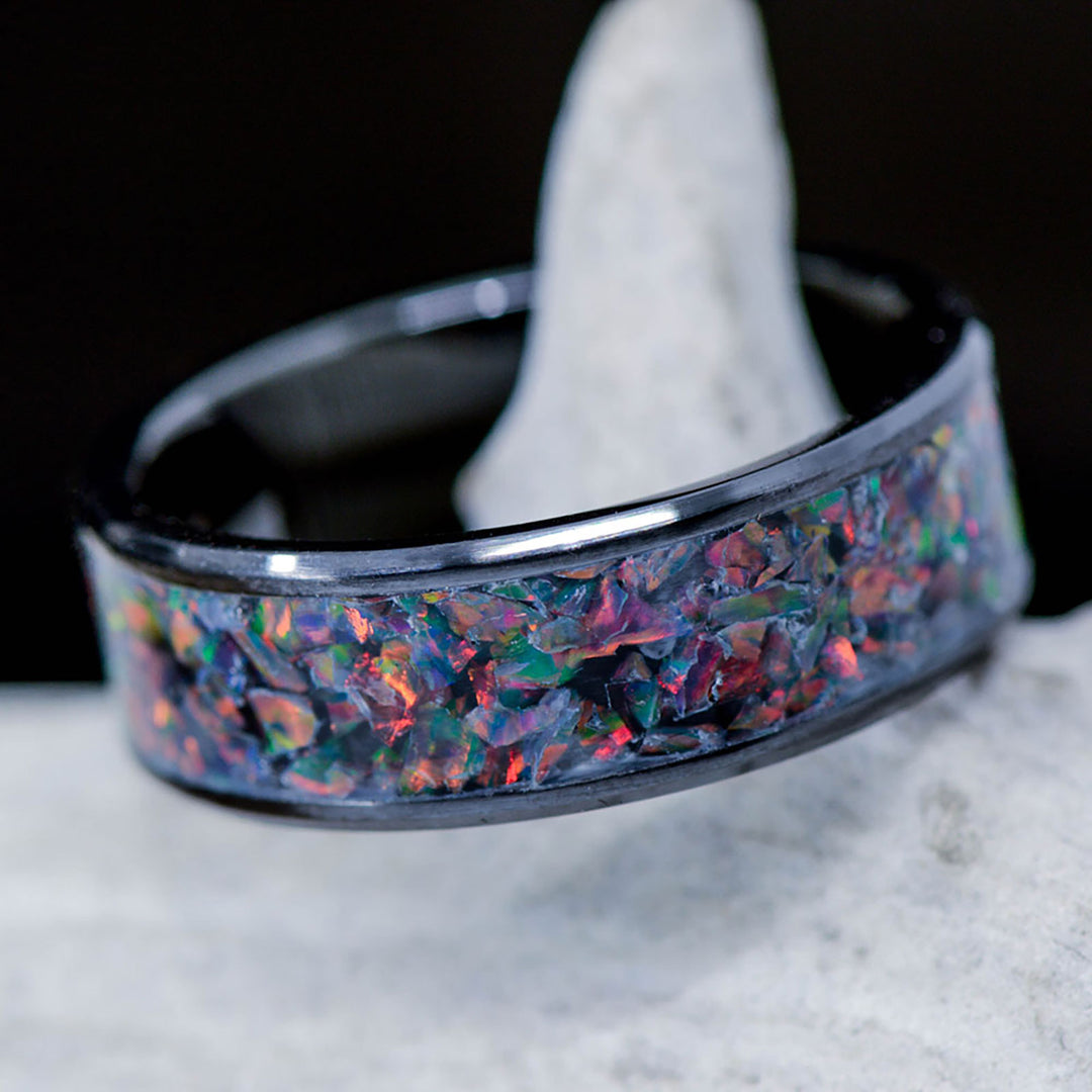 Crushed German Black Opal in Tungsten or Ceramic Channel