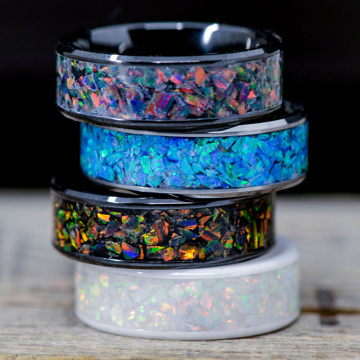 Crushed German Black Opal in Tungsten or Ceramic Channel