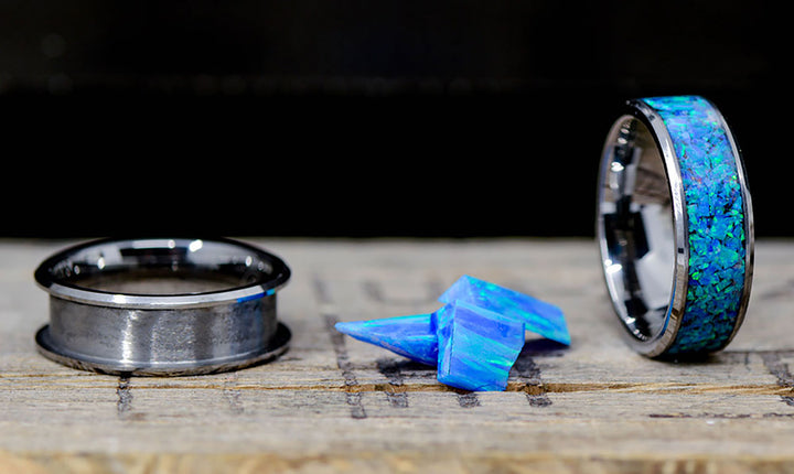 Crushed Blue Opal in Tungsten or Ceramic Channel