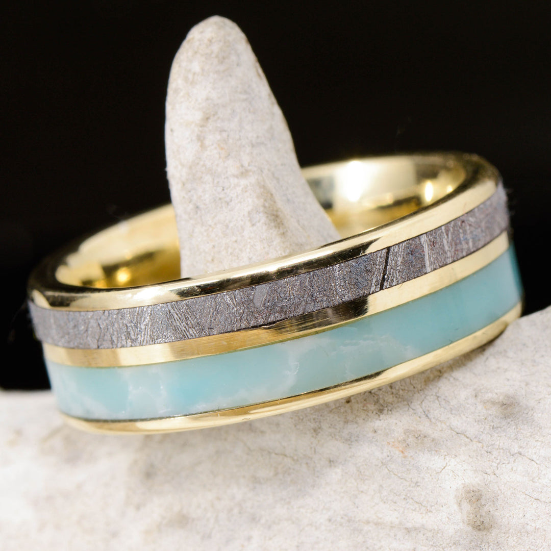 Etched Muonionalusta Meteorite & Larimar Stone Inlays