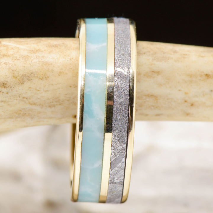 Etched Muonionalusta Meteorite & Larimar Stone Inlays