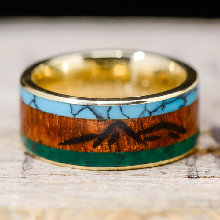 Turquoise, Koa, Imperial Jade, Engraved "Mountains"