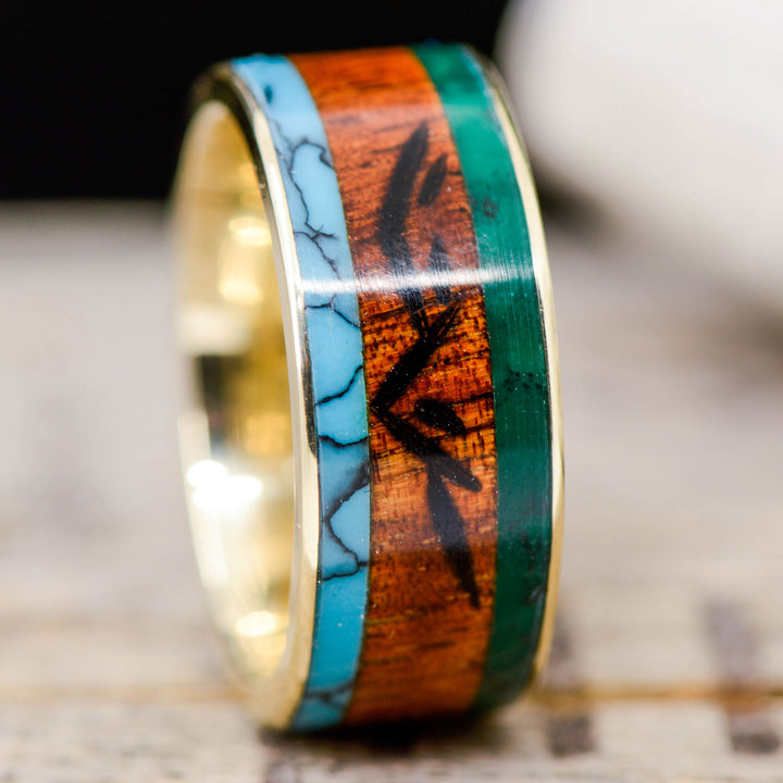 Turquoise, Koa, Imperial Jade, Engraved "Mountains"