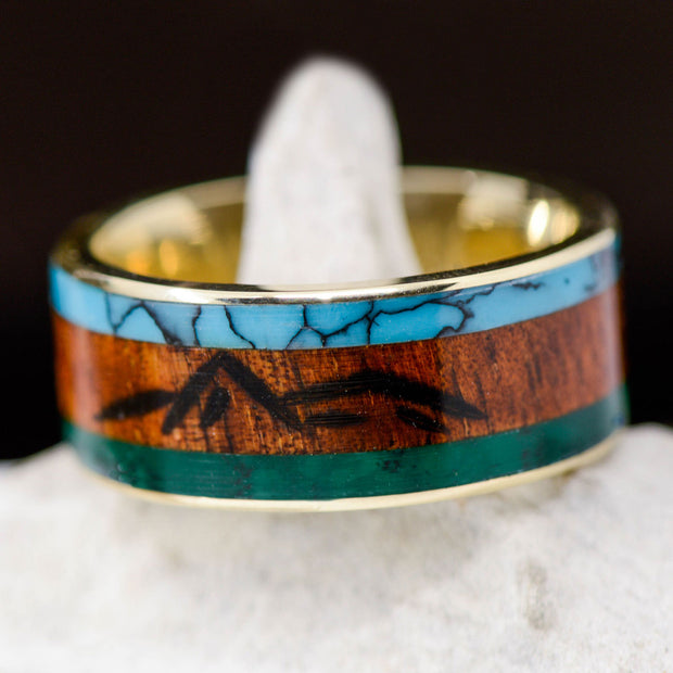 Turquoise, Koa Wood, & Imperial Jade with Engraved Mountains Channel
