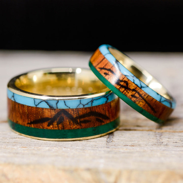 Turquoise, Koa, Imperial Jade, Engraved "Mountains"