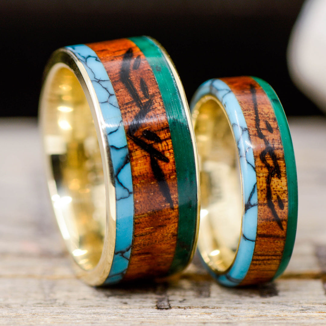 Turquoise, Koa, Imperial Jade, Engraved "Mountains"