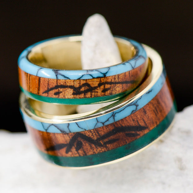 Turquoise, Koa, Imperial Jade, Engraved "Mountains"