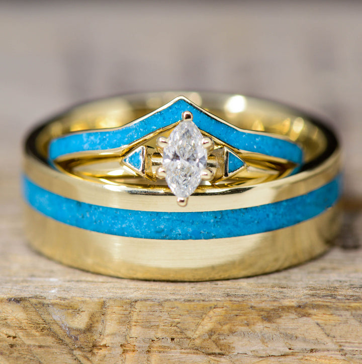 Yellow Gold with Marquise Diamond setting and Turquoise Inlays