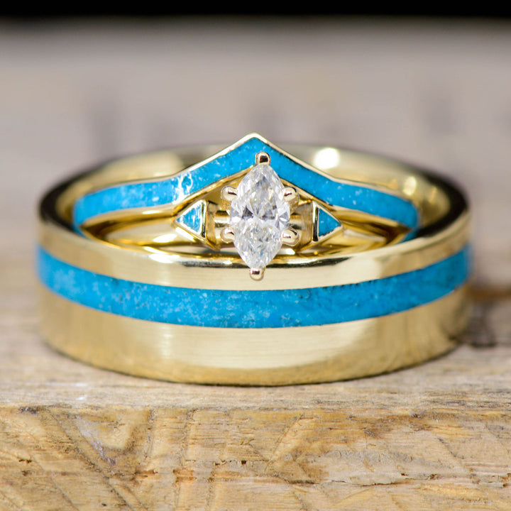 Yellow Gold with Marquise Diamond setting and Turquoise Inlays