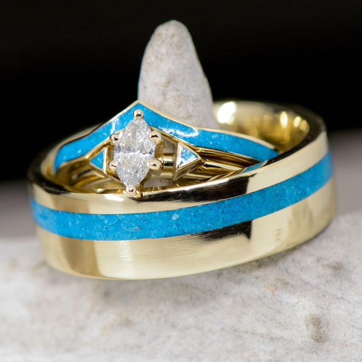 Yellow Gold with Marquise Diamond setting and Turquoise Inlays