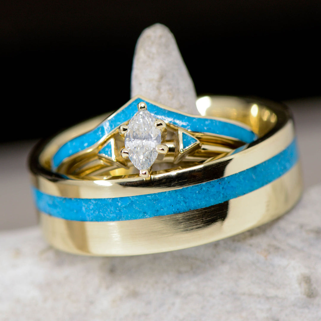 Yellow Gold with Marquise Diamond setting and Turquoise Inlays