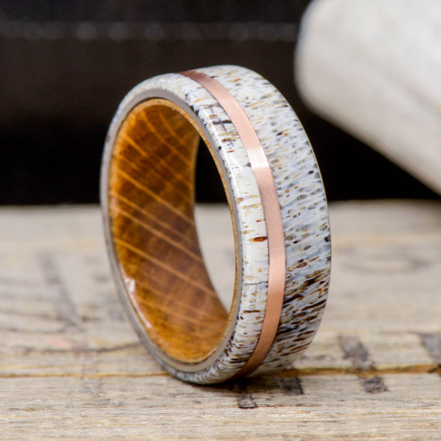Rose Gold & Antler with Whiskey Barrel Wood Sleeve 8mm