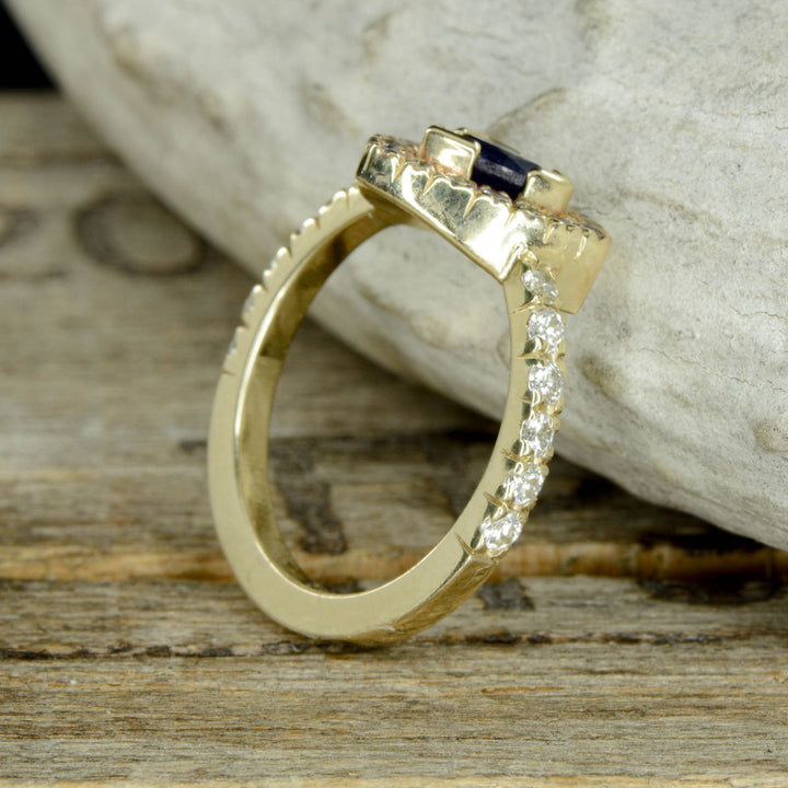 Sapphire Trillion Halo Ring with Diamond Accents