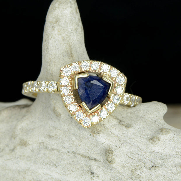 Sapphire Trillion Halo Ring with Diamond Accents