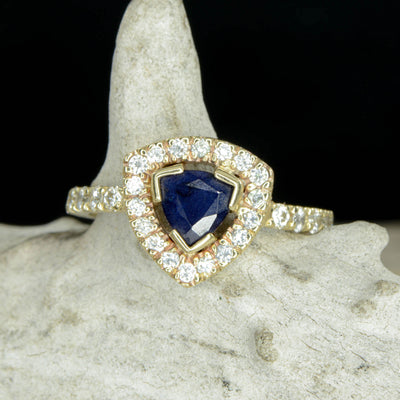 Sapphire Trillion Halo Ring with Diamond Accents