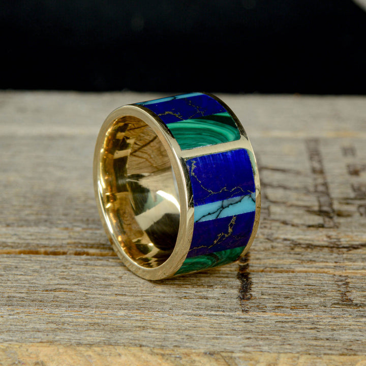 Gold or Silver Band with Square Inlays of Malachite, Lapis Lazuli, & Turquoise