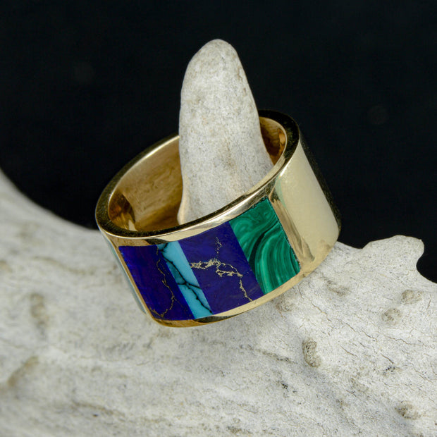 Gold or Silver Band with Square Inlays of Malachite, Lapis Lazuli, & Turquoise