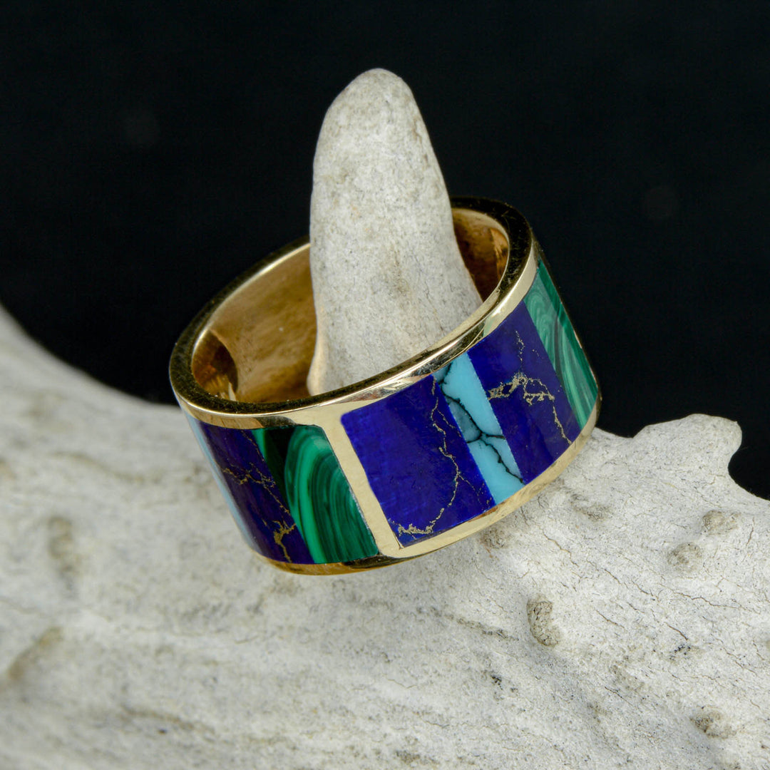 Gold or Silver Band with Square Inlays of Malachite, Lapis Lazuli, & Turquoise