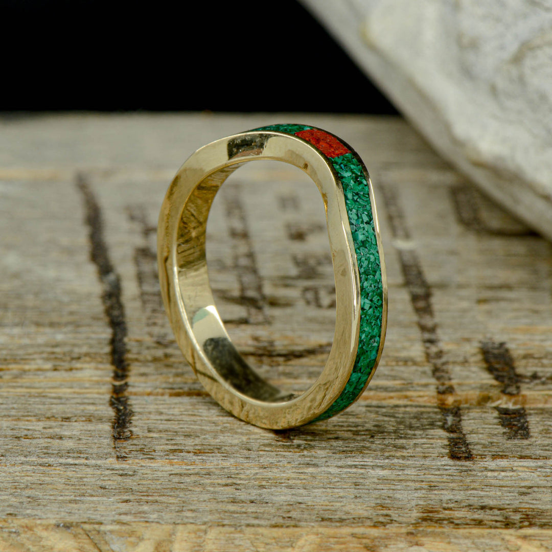 Gold or Silver, Malachite, & Red Opal U-Ring