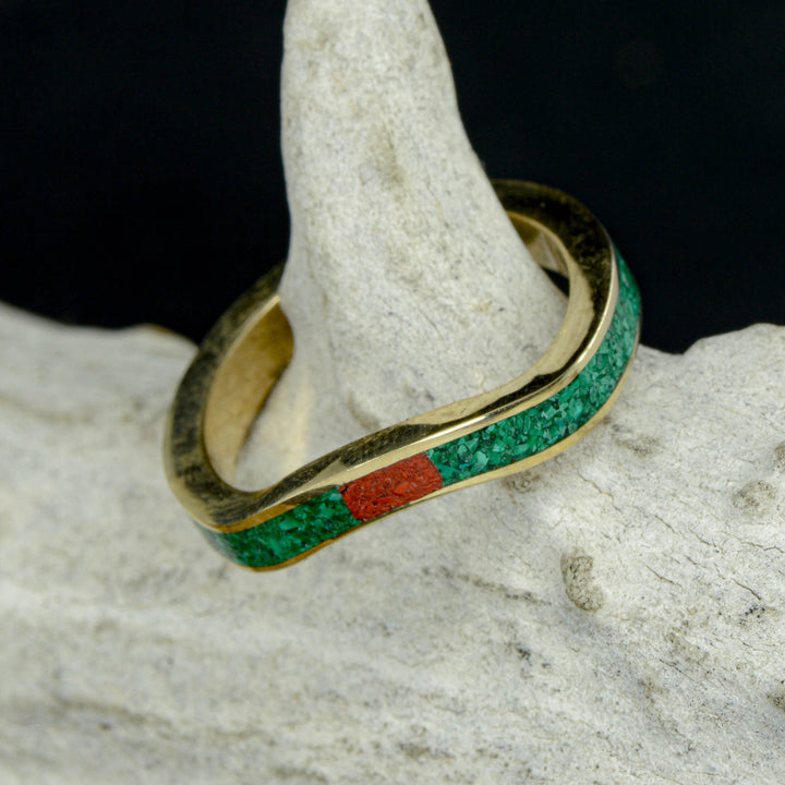 Gold or Silver, Malachite, & Red Opal U-Ring