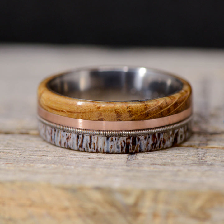 Whiskey Barrel Wood, Rose Gold, Guitar String and Elk Antler Inlays