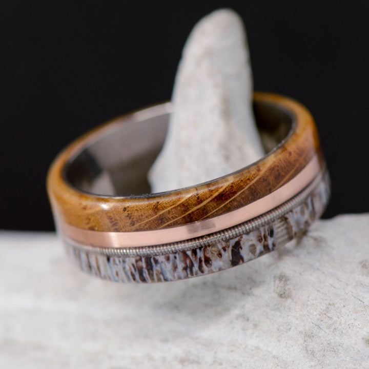 Whiskey Barrel Wood, Rose Gold, Guitar String and Elk Antler Inlays