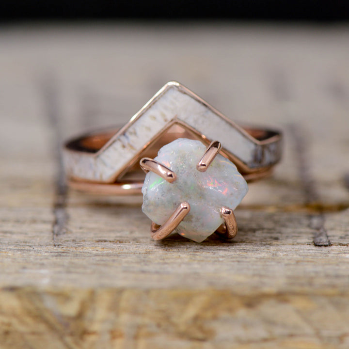 Crushed Opal with Gold or Silver, Antler V-Ring Stacking Band