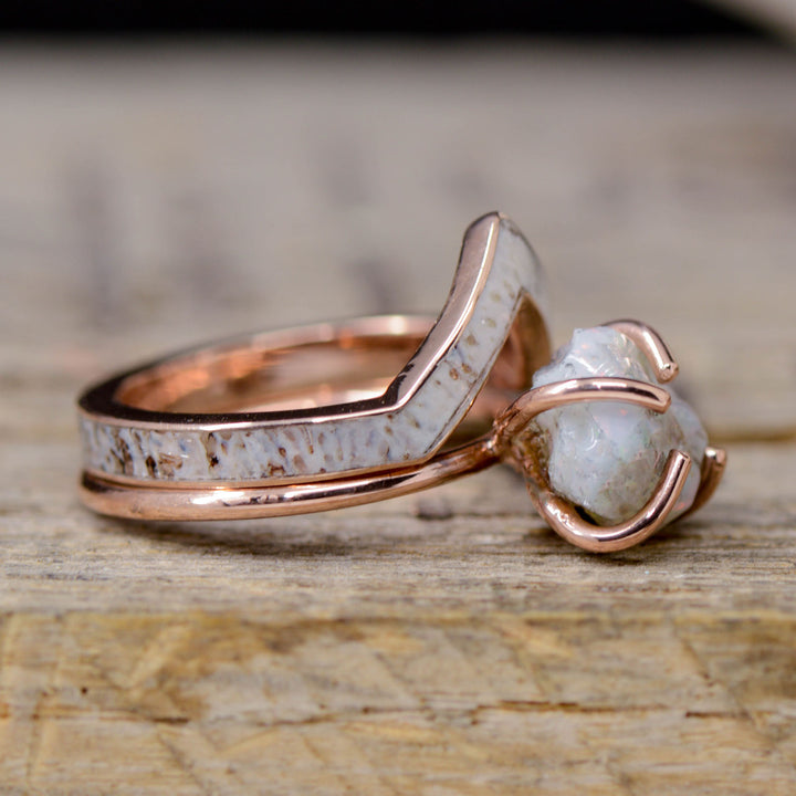 Crushed Opal with Gold or Silver, Antler V-Ring Stacking Band