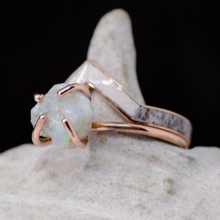 Crushed Opal with Gold or Silver, Antler V-Ring Stacking Band