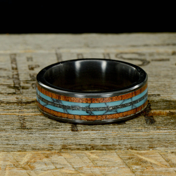 Koa Wood, Turquoise, & Meteorite in Tungsten or Ceramic Channel