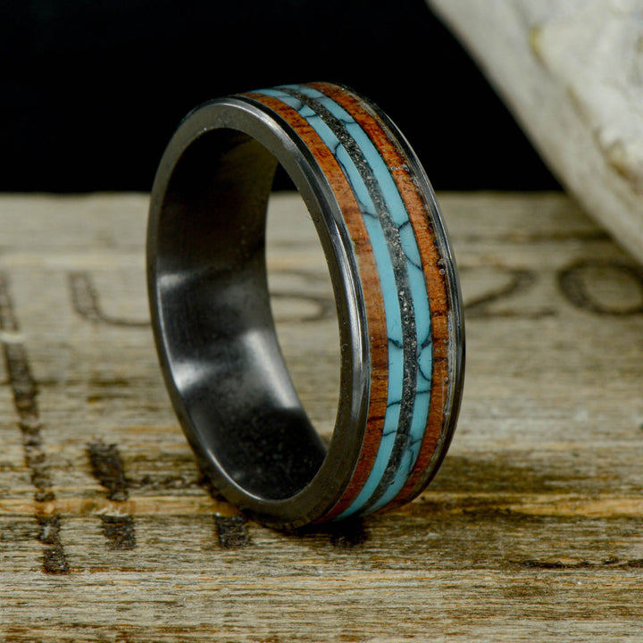 Koa Wood, Turquoise, & Meteorite in Tungsten or Ceramic Channel