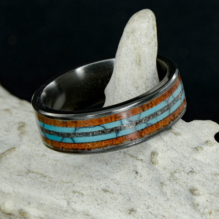 Koa Wood, Turquoise, & Meteorite in Tungsten or Ceramic Channel