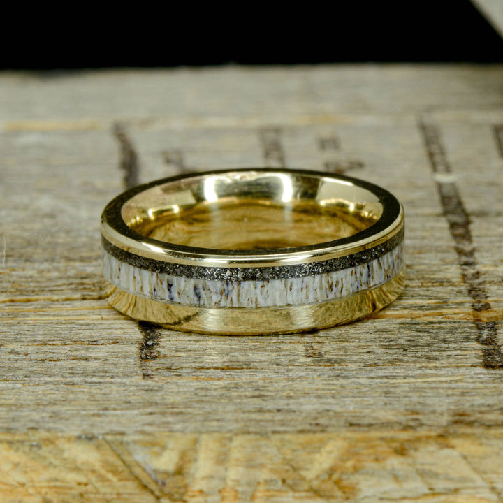 Yellow Gold & Offset Elk Antler and Meteorite Inlays