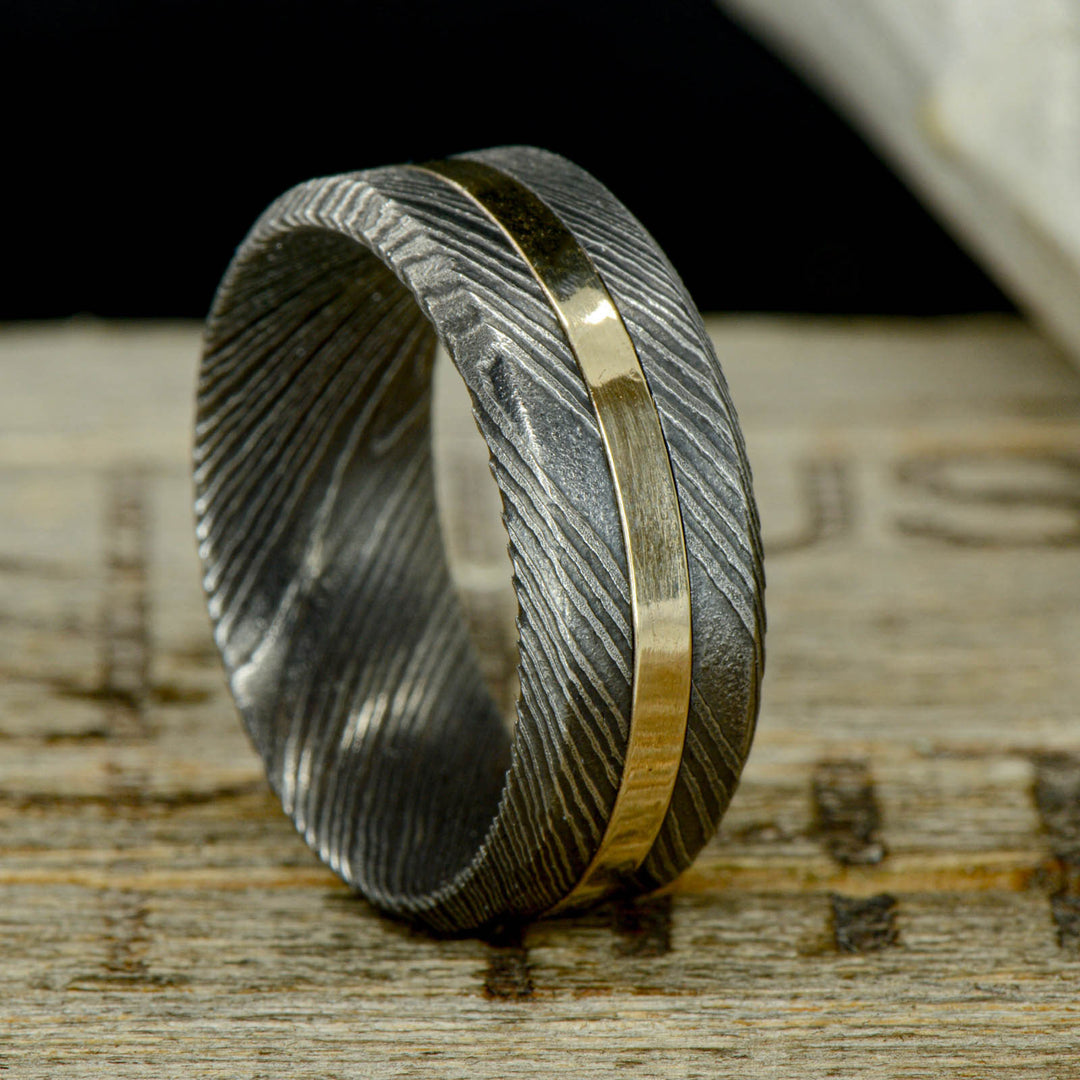 Dark Damascus Steel, Yellow Gold Inlay