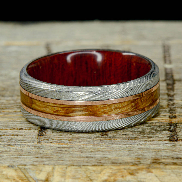 Polished Damascus Steel, Rose Gold, Bloodwood, Whiskey Barrel Wood