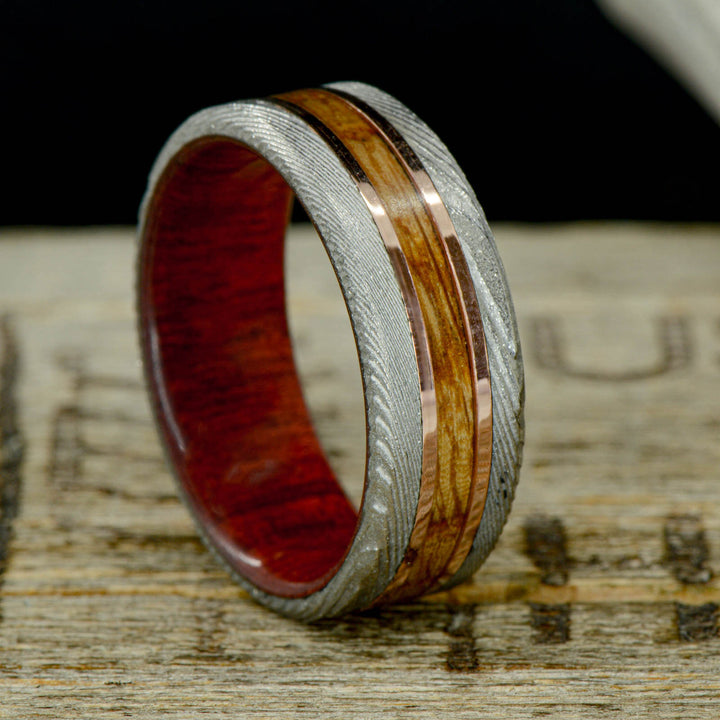 Polished Damascus Steel, Rose Gold, Bloodwood, Whiskey Barrel Wood