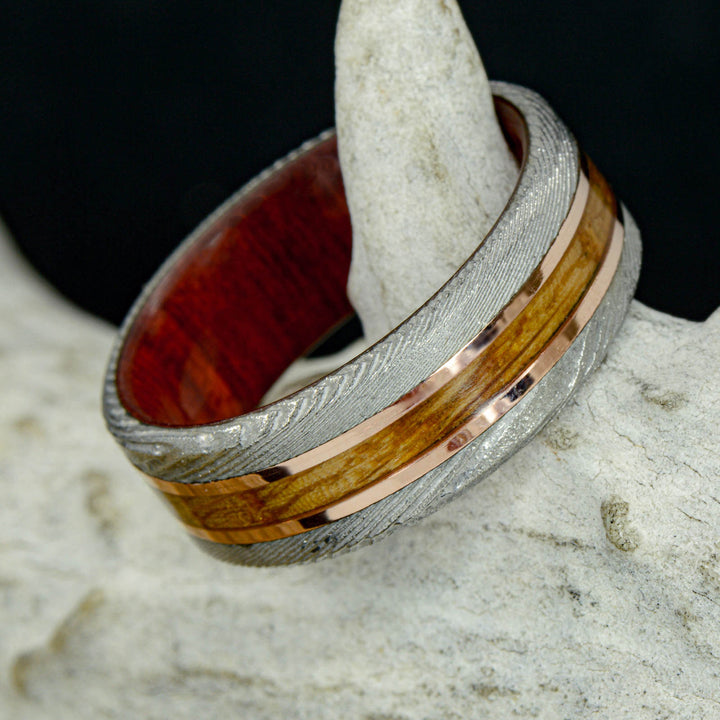 Polished Damascus Steel, Rose Gold, Bloodwood, Whiskey Barrel Wood