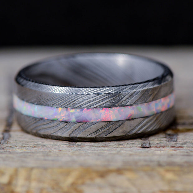 Polished Damascus Steel, White Opal Inlay