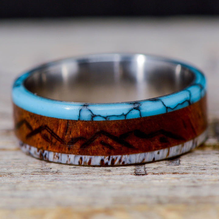 Rosewood, Turquoise, Antler, "Engraved Mountains"