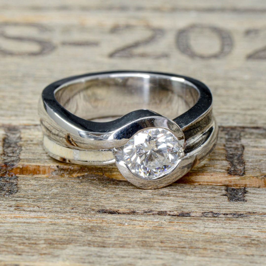 Diamond Solitaire with Etched Muonionalusta Meteorite & Petrified Wood Accents