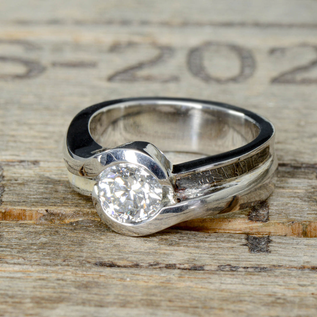 Diamond Solitaire with Etched Muonionalusta Meteorite & Petrified Wood Accents