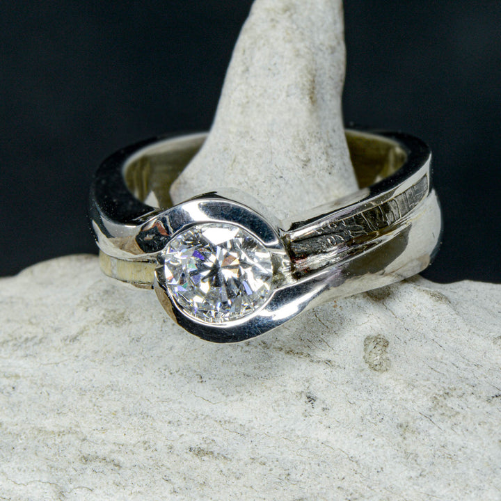 Diamond Solitaire with Etched Muonionalusta Meteorite & Petrified Wood Accents